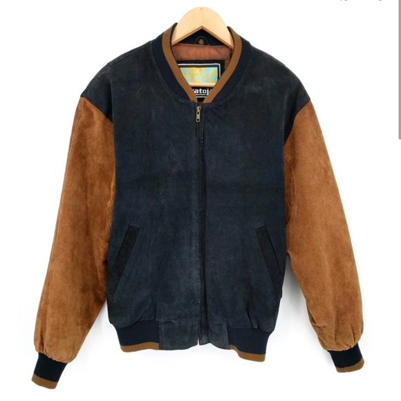 Vintage Stratojac Suede Leather Two-Tone Bomber Jacket Paneled Black Tan Men's M - Picture 1 of 8